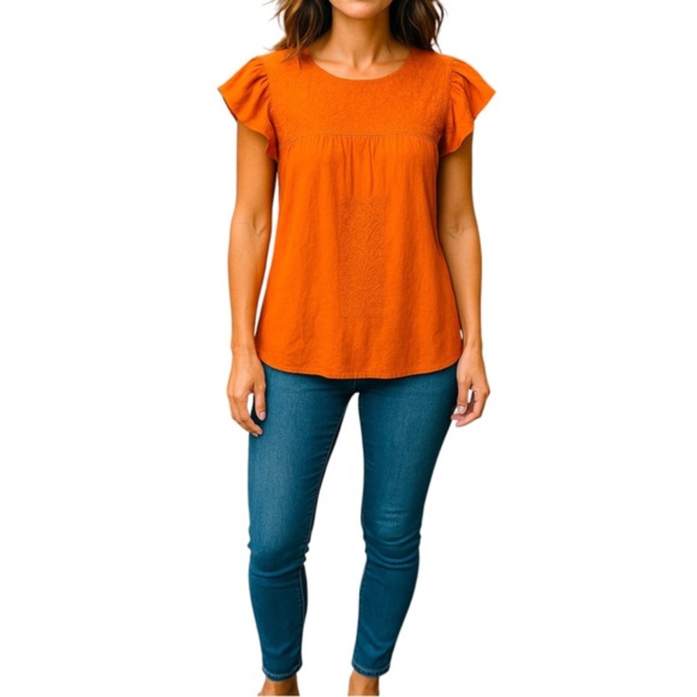 J. Marie Embroidered Peasant Boho Blouse Orange Cotton Ruffle Sleeve Top Small‎